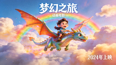 动画电影《梦幻之旅》海报 - 卡通角色乘坐飞龙穿越彩虹云层