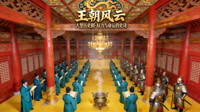 历史剧《王朝风云》宣传图 - 古代宫廷大殿与文武百官朝会场景